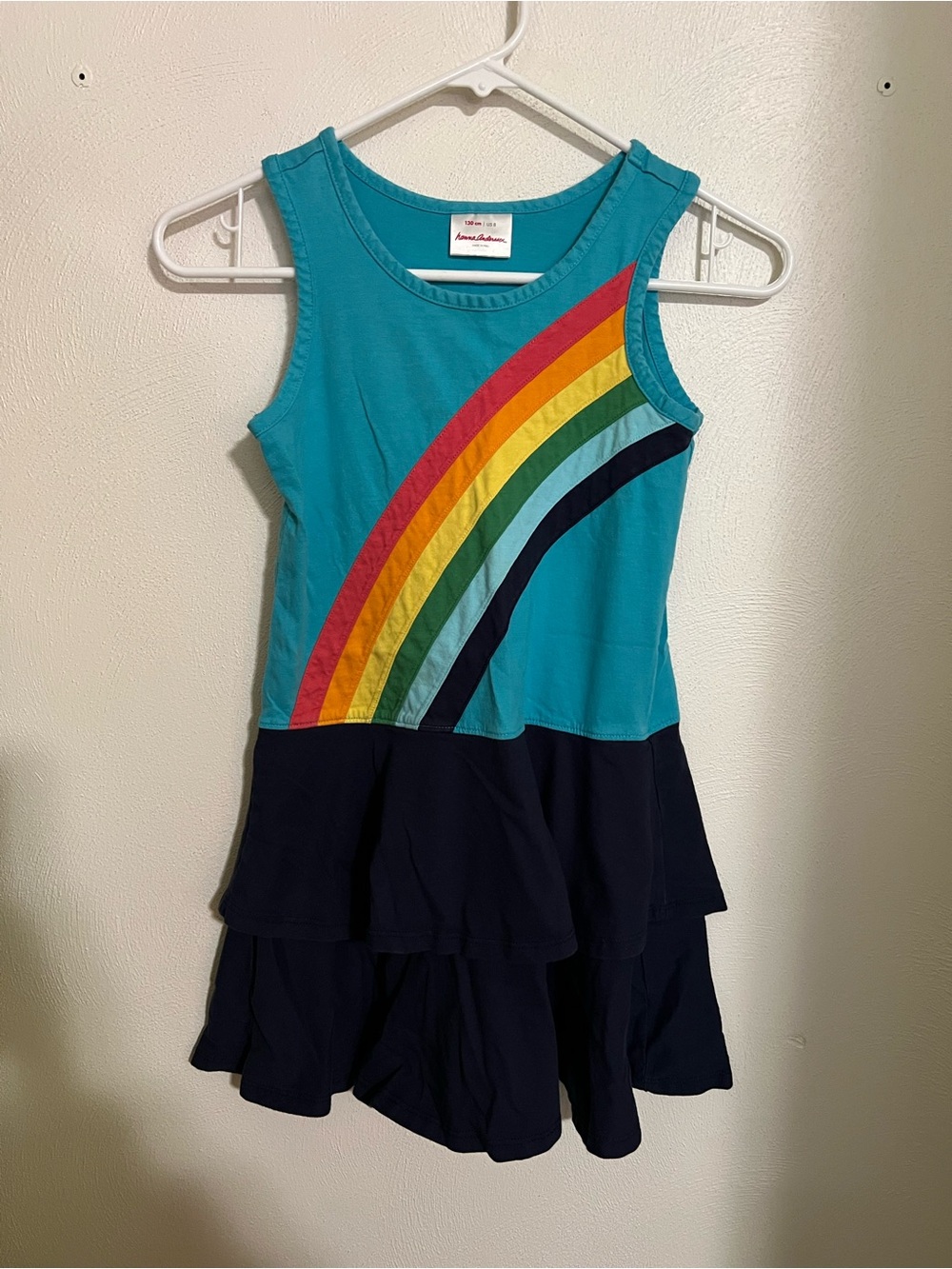 HANNA ANDERSON Classic Rainbow Stripe Summer Tank Ruffle Dress Blue Girl's Sz 8